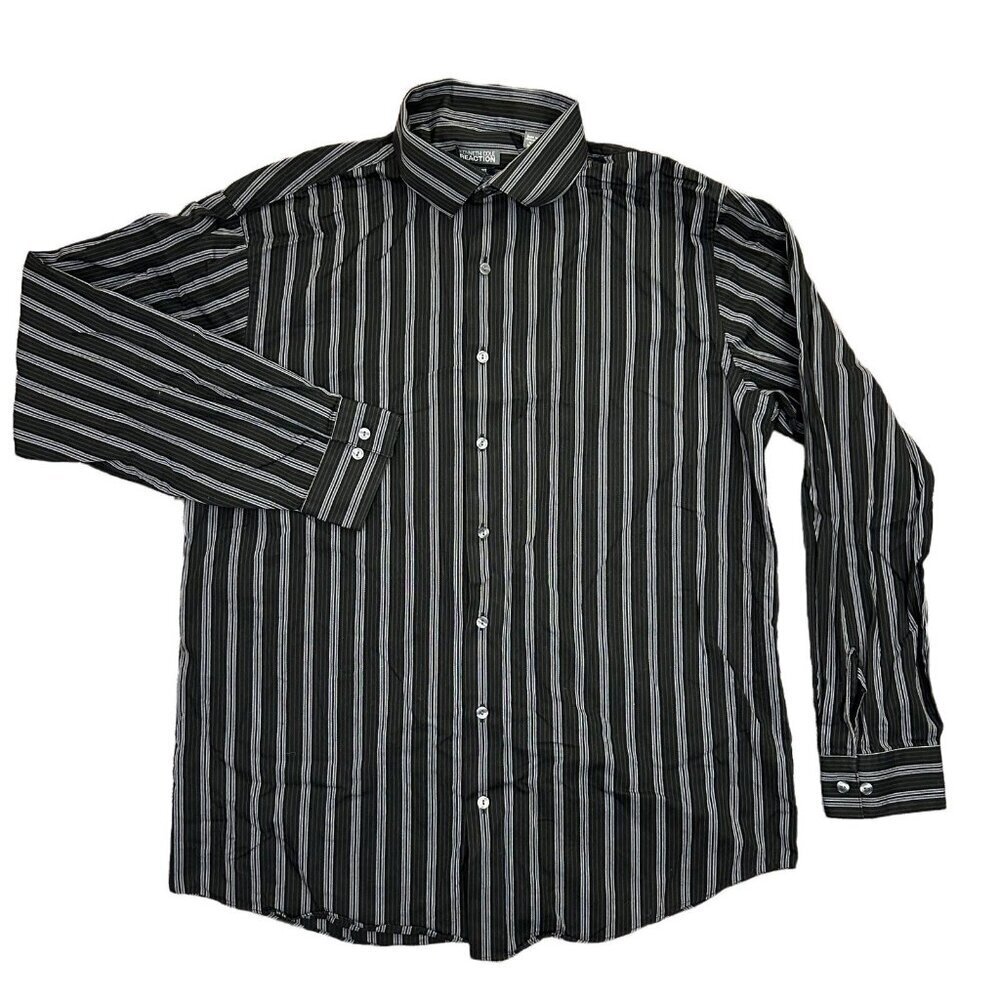Kenneth Cole Men's Button Up Shirt Size 16.5 Black Gray Striped Long Sleeves GUC
